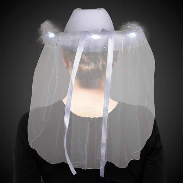 LED White Cowboy Hat with Tiara and Veil