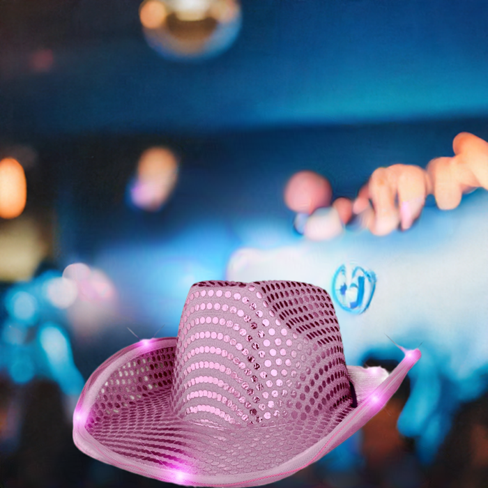 Pink LED Light Up Sequin Cowboy Hats (Pack Of 12)